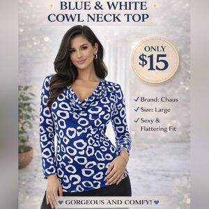Chaus Women's Blue & White Long Sleeve Cowl Neck Top Size Large